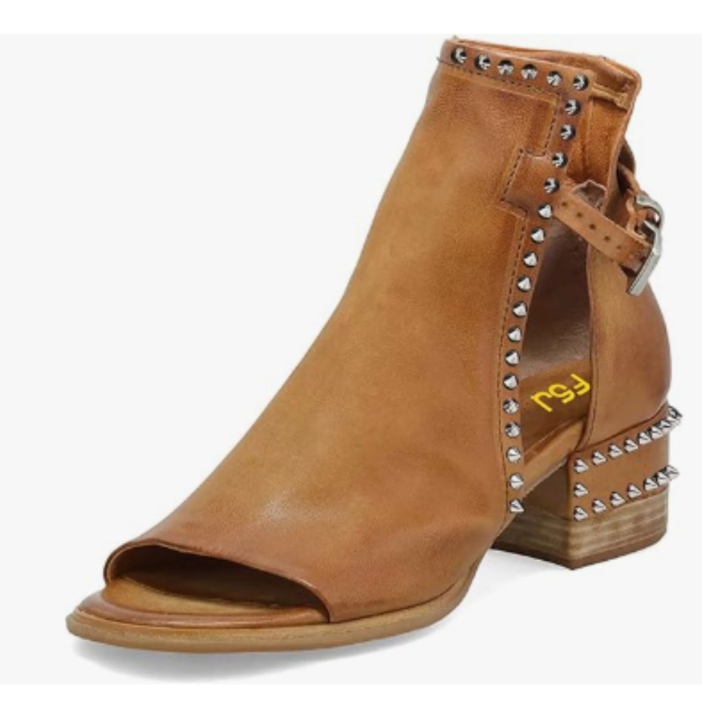 Fsj Brown Rivets Peep Open Toe Sandals Boot Cut Out Buckle Ankle Bootie